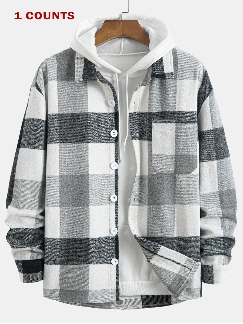 Men's Plaid Print Button Front Jacket without Hoodie, Loose Casual Drop Shoulder Long Sleeve Collared Outerwear for Fall & Winter, Men's Clothes for Daily Wear