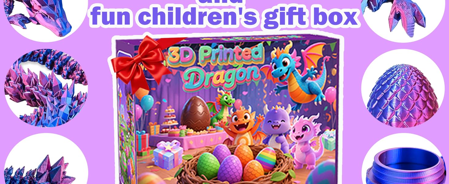 4PCS 3D Printed Dragon Eggs with Dragon Inside, Prefilled Easter Eggs with Toys for Kids 3D Printing Crystal Dragon Animals Easter Basket Stuffers and Essentials Dragon Gifts for Boys Girls