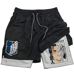 Trending Attack on Titan Eren Jaeger Men's 2-in-1 Quick-Dry Athletic Gym Shorts, Anime Graphic Compression Liner Running Workout Training Shorts, Breathable Lightweight Sports Activewear for Basketball, Fitness, Outdoor, Summer Holiday Gift for Anime Fans