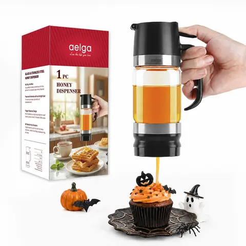 Aelga 9oz Glass Honey Containers with Handle - Dustproof, Leak-Proof, Drip-Free Flow, Easy to Clean & Refill, Freshness-Maintaining Kitchen Utensil for Syrup, Seasoning