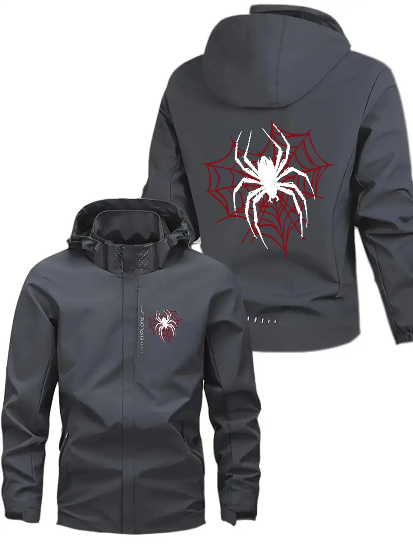 Men's Pilot Jacket with Spider Logo, Fashion Zip Pocket Print Design, Casual Hooded Outerwear for Spring and Fall, Polyester Material, Loose Jacket