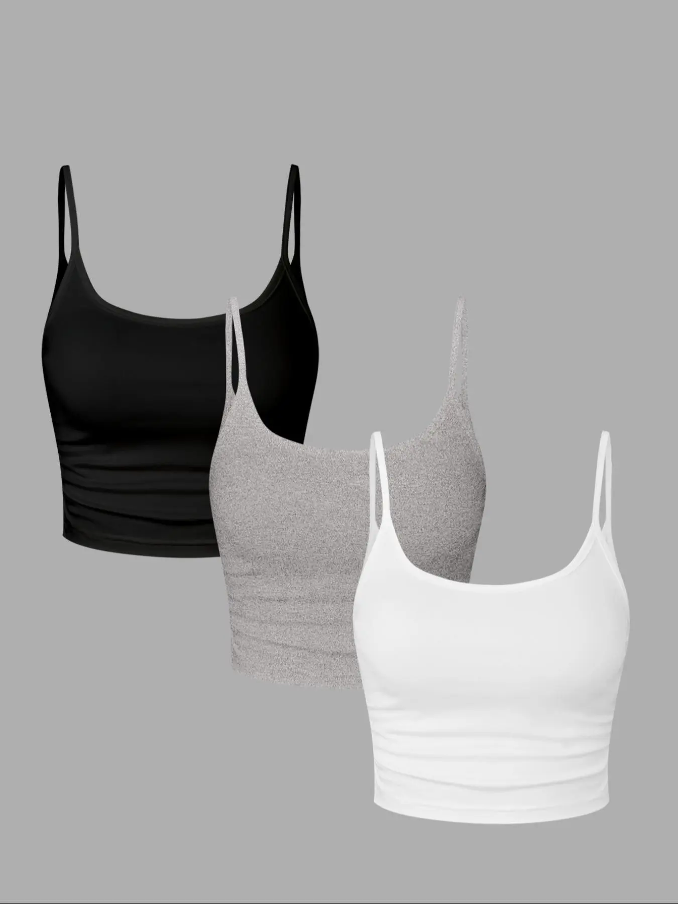 3 Piece Set Slim-Fitting Crop Tops in Heather, Casual Minimalist Spaghetti Strap Backless Ruched Tanks for Spring Summer Fashion