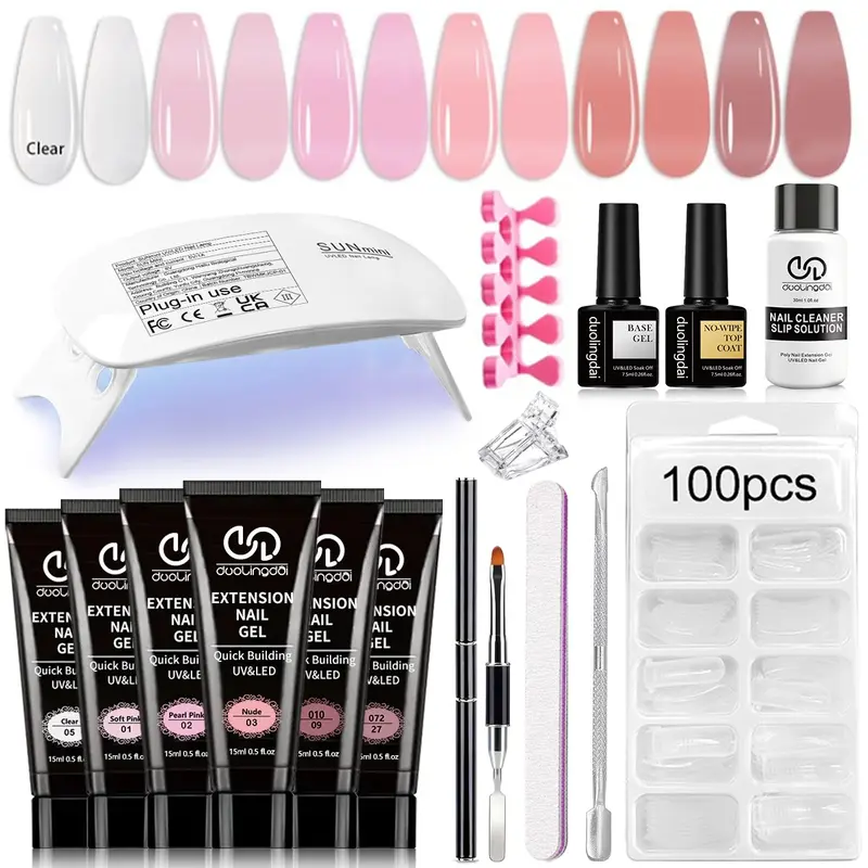 Poly Nail Gel Set, 6-Color Neutral Glitter Polygel Nail Extension Kit with Nail Dryer Lamp, Polygel Nail Kits, DIY French Design Manicure Nail Art Kit for Home Salon