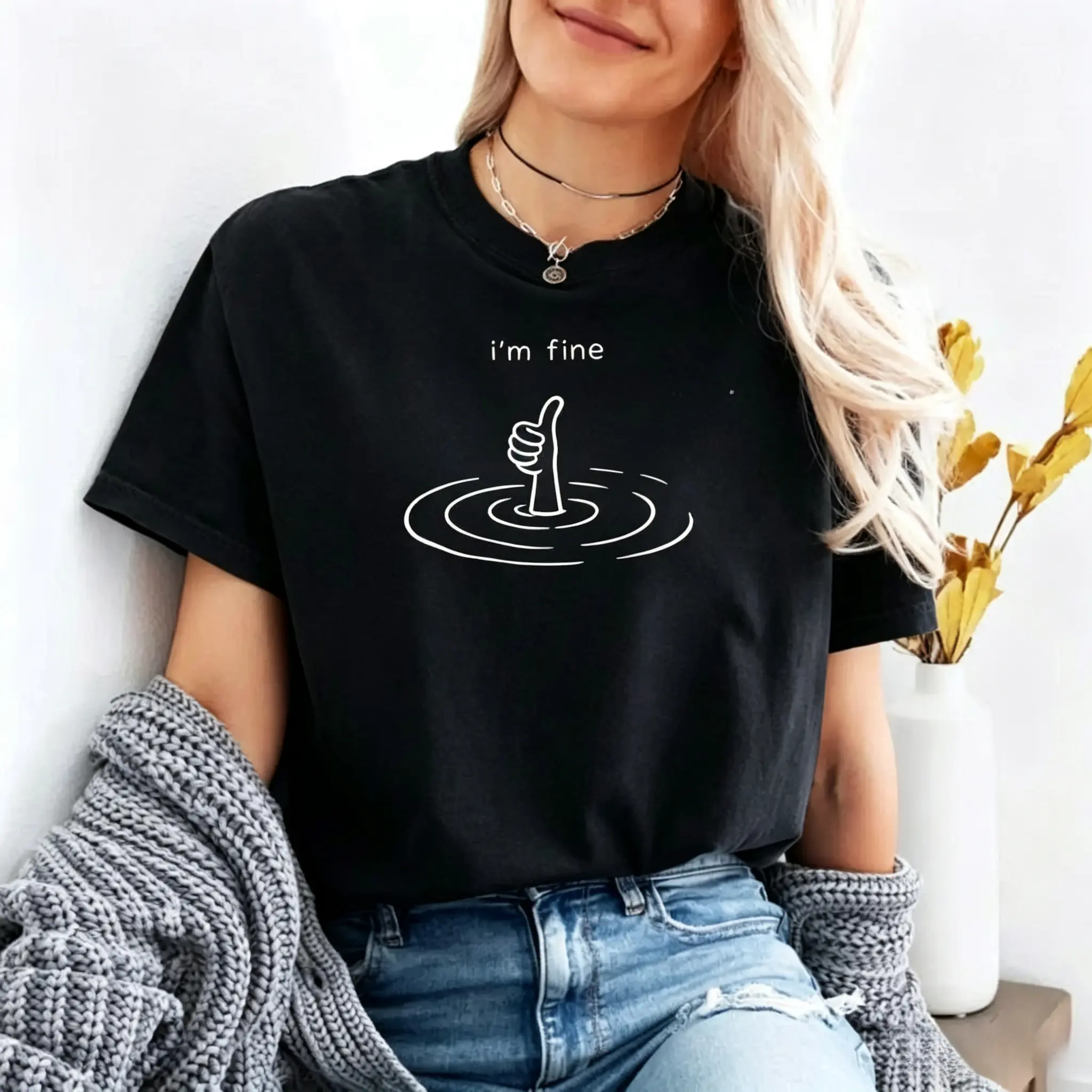 Vintage I'm Fine T-Shirt, Sarcastic Humor Tee, Funny Mental Health Therapy Gift, Drowning Graphic Top, Sad Girl Aesthetic, Trendy Womens T-Shirt