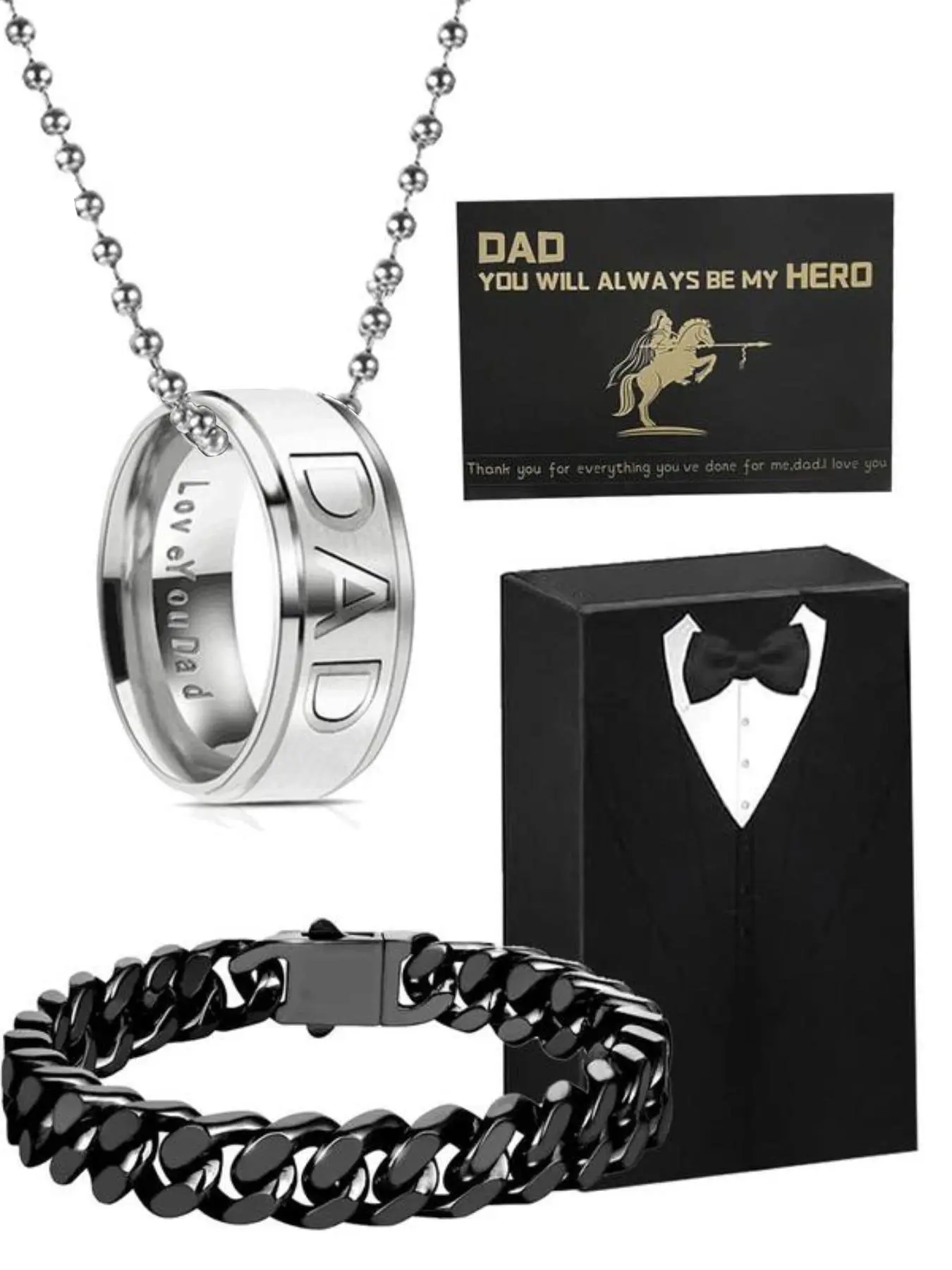Father's Day Gift Set, 4-Piece Men Jewelry Sets Fashion Dad Ring Necklace with Luxury Box, Perfect Birthday Present for New Dads
