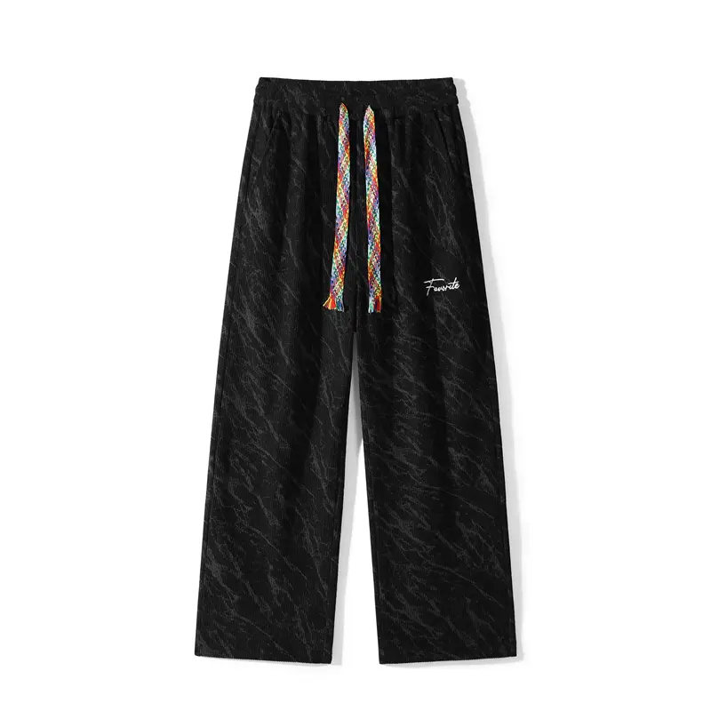 Men's Full-Length Loose-Fit Polyester Athletic Pants - Unisex Marble Texture, Street-Style Running/Basketball Bottoms with Multi-Drawstring, Embroidered Logo, Machine Washable Summer-Autumn Edition