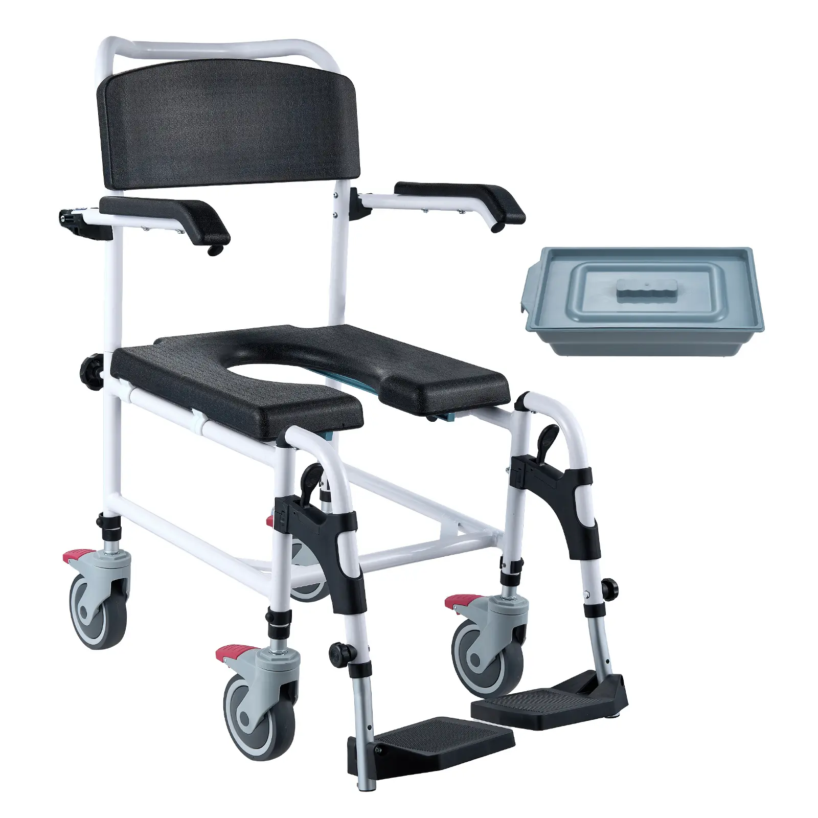 Shower Commode Wheelchair with 4 Lockable Wheels, 5L Removable Bucket, 3-Level Adjustable Height, 4-in-1 Commode Toilet, User-friendly Design