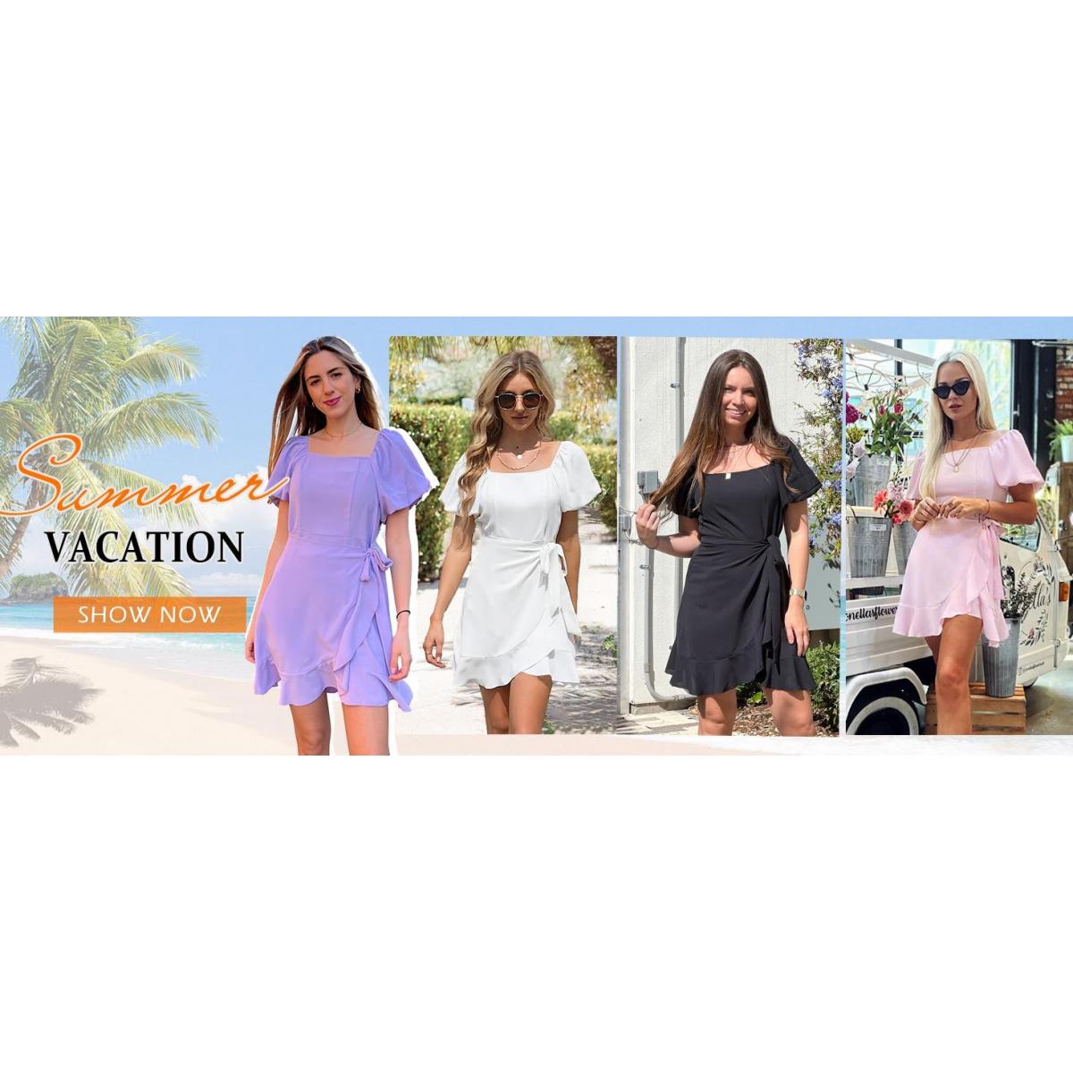 Women's Summer Square Neck Puff Sleeve Tie Short Dress