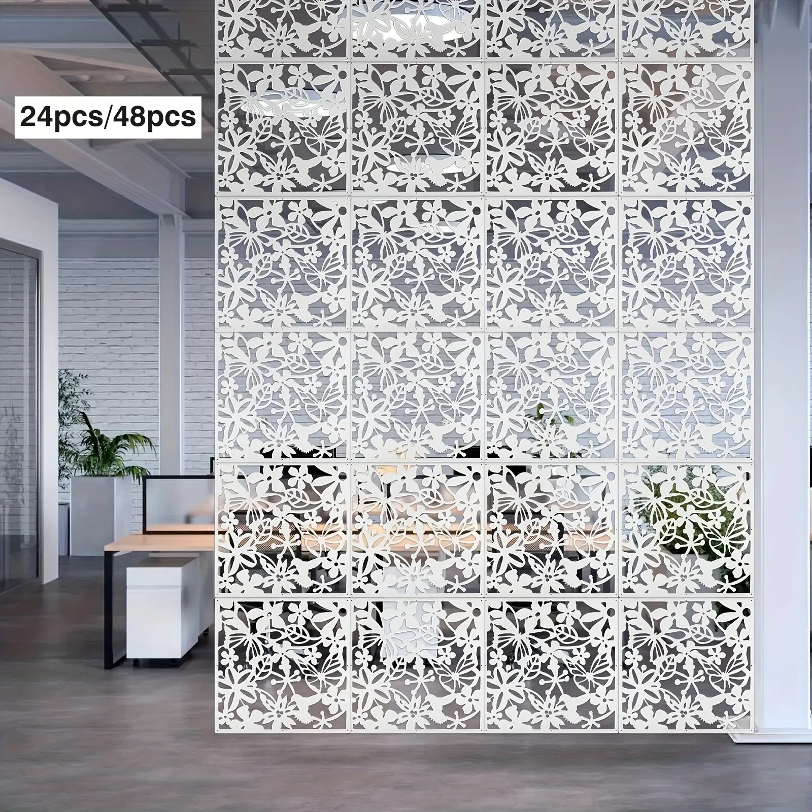Hanging Room Divider 24/48 Pcs Thick Decorative Wall Screen Panels with Floral Carving Hollow Out Design for Home Office Bedroom Living Dining Room Kitchen Restaurant Hotel Decor