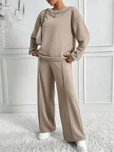 Women's Casual Loose-Fitting Two-Piece Set, Comfortable Daily Wear & Sports, Pure Color, Perfect for Everyday Use, Outfit
