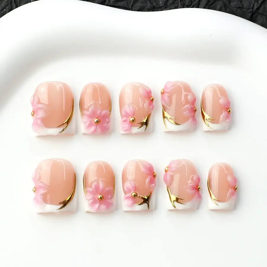 10pcs Handmade Press-On Nails, 3D Sparkly Nude French Gel False Nails, Sakura & Gold Decor, Reusable, Y2K Style, Perfect Gift