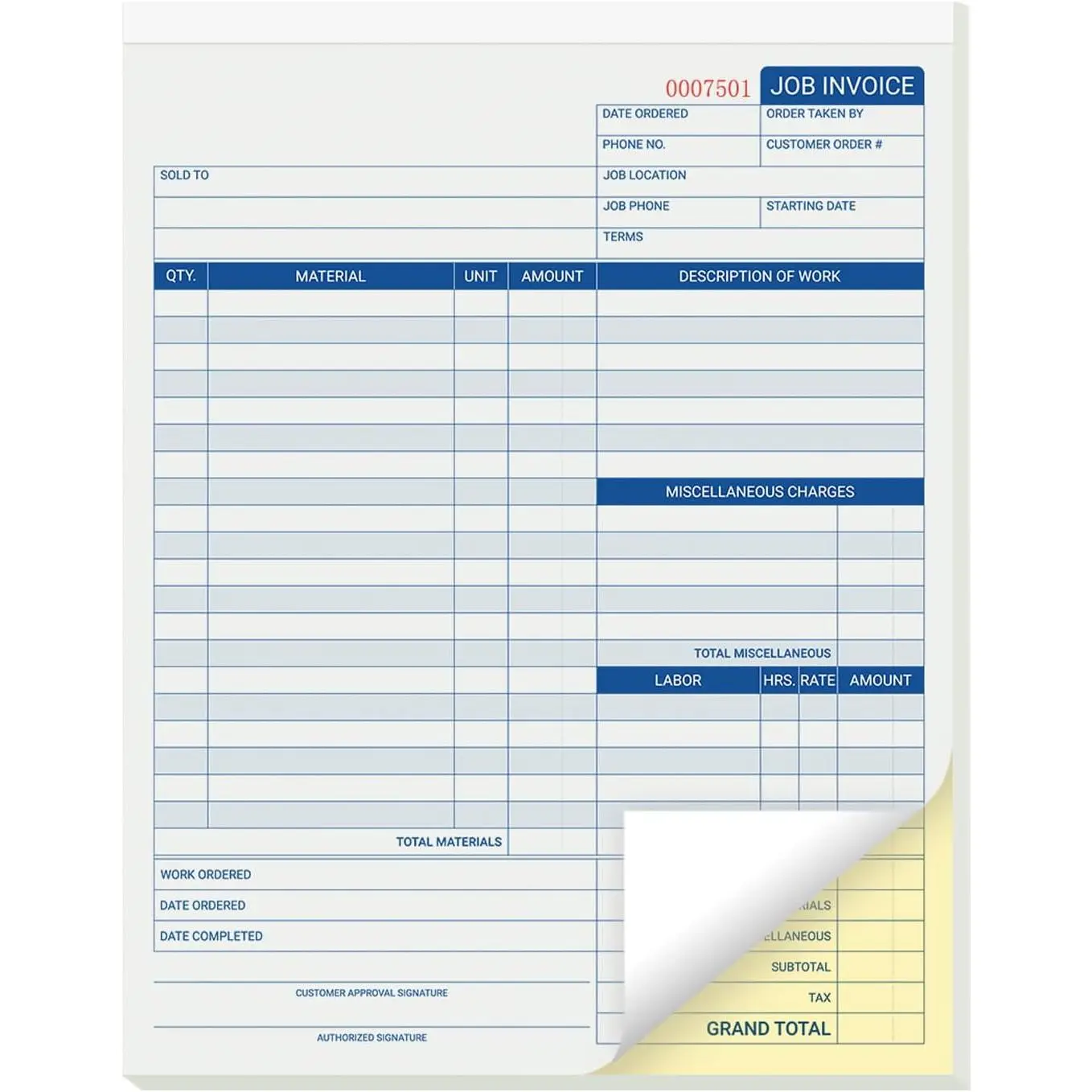 50 Sets Job Invoice Forms, 2 Part Carbonless, 8.5X11 Inch Work Order Forms for Service and Repair Billing (50 Sets Each Pad, 1 Pad)