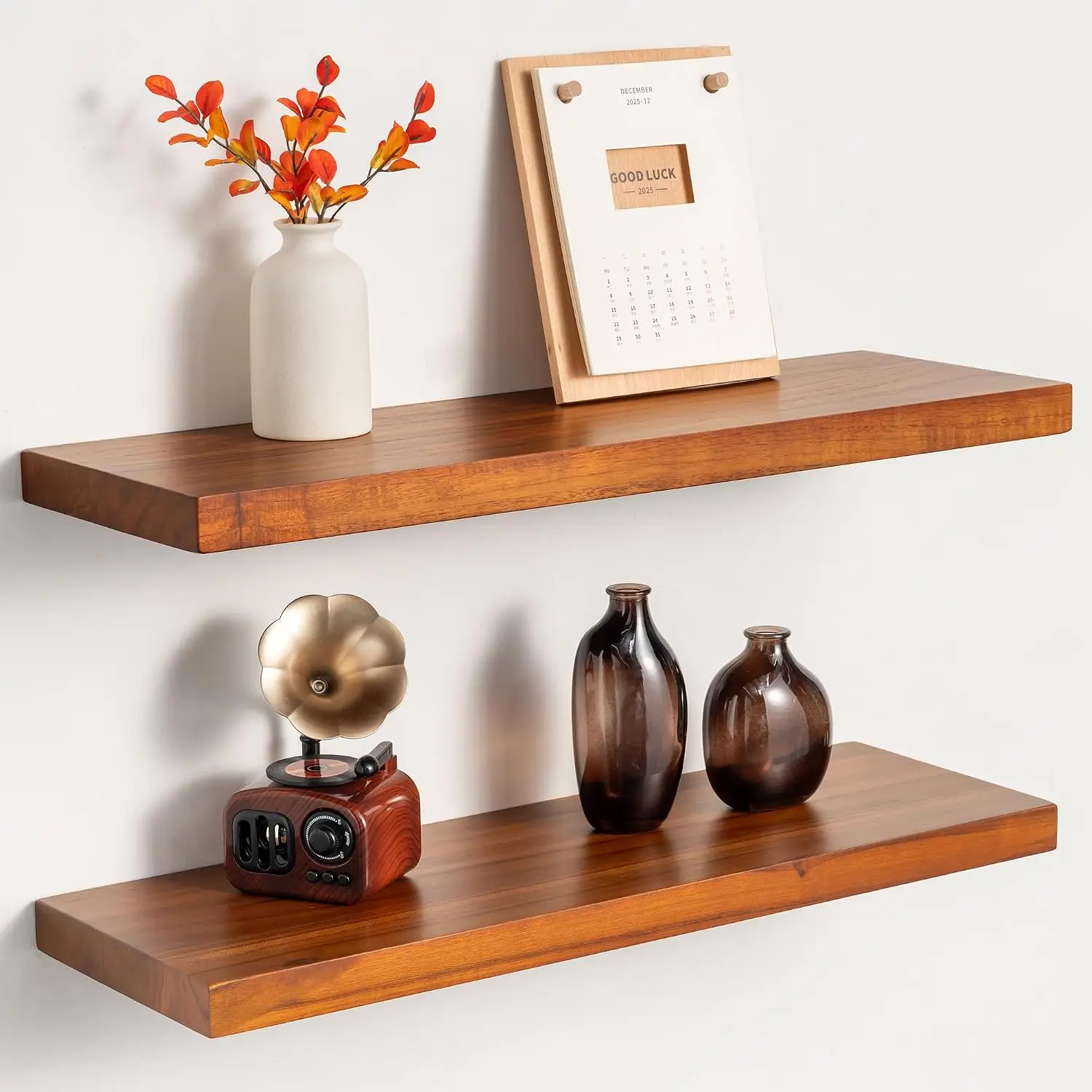 24 Inch Teak Floating Wall Shelves Set of 2 | Weather Resistant, Heavy Duty  Brackets,   Grain, Wall Storage For Bathroom, Kitchen, Living Room & Outdoor