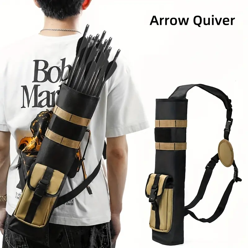 Archery Arrow Quiver for Adults, Foldable 600D High-Stretch PVC Oxford Fabric Dual-Use Back/Hip Bag with MOLLE System, Clasp & Large Storage Pockets, Holds 24-30 Arrows, 19.6*5.5*3.1 Inch