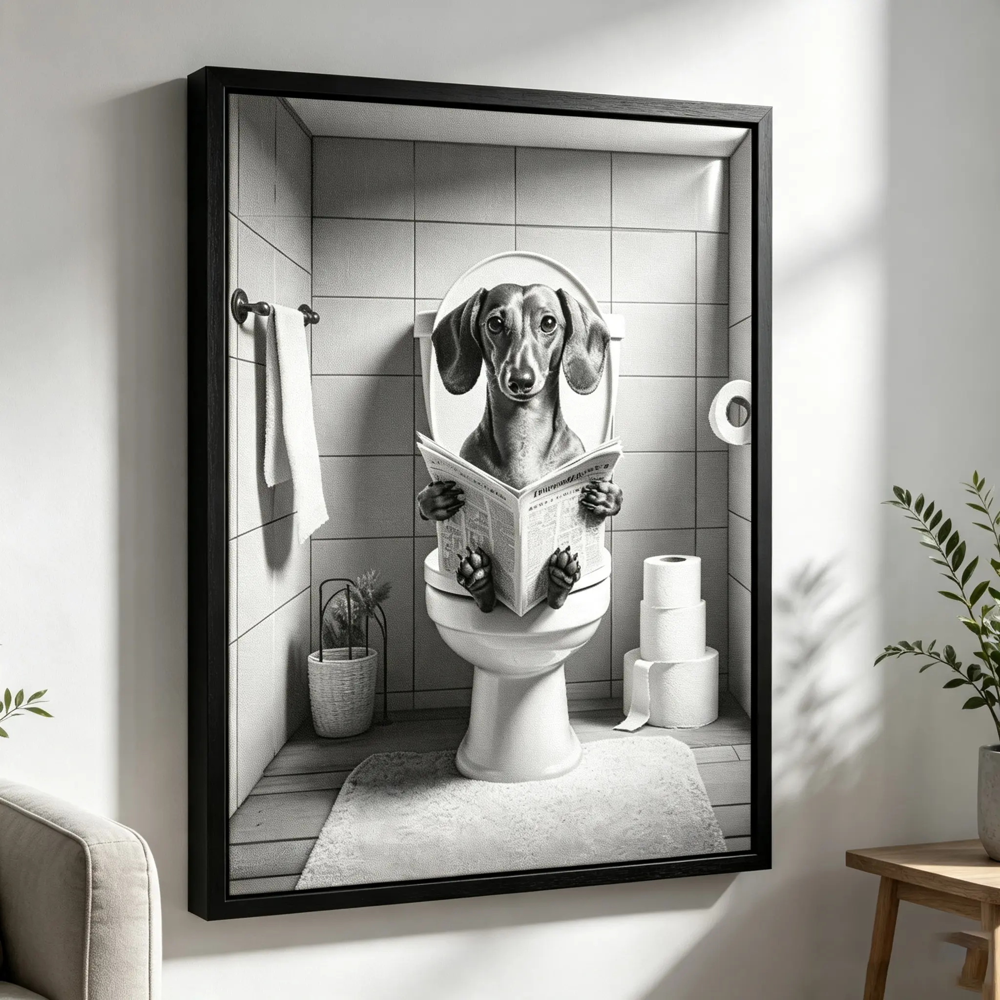 Humorous Black White Dachshund Reading Newspaper Canvas Wall Art Poster,Modern Art Home Wall Decor Poster, Fun Pet Themed Gift for Bathroom Bedroom Apartment Decoration