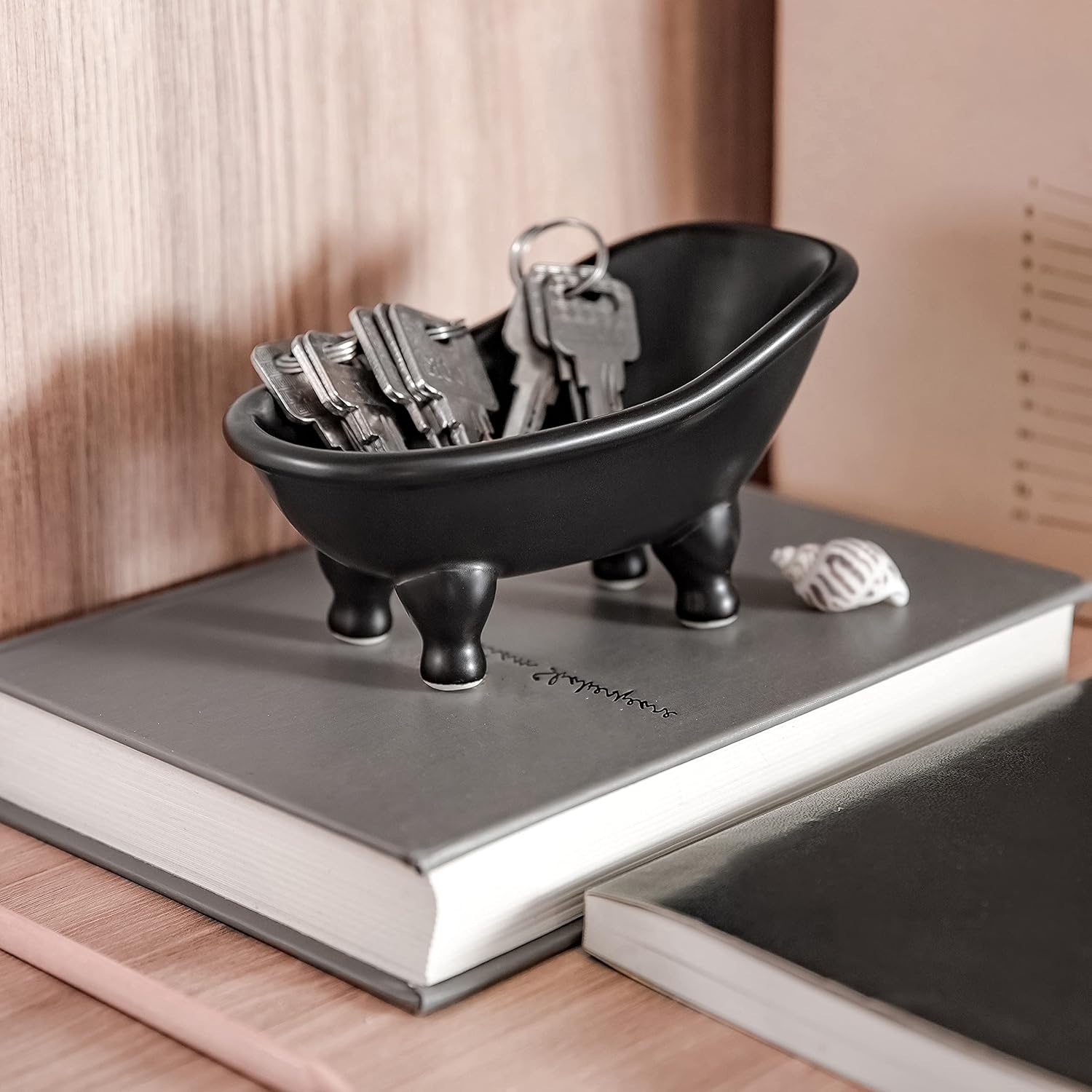 1 count 5.6" Black Ceramic Mini Bathtub Soap Dish Small Planter Makeup Organizer Container Hamster Bathtub (Black)