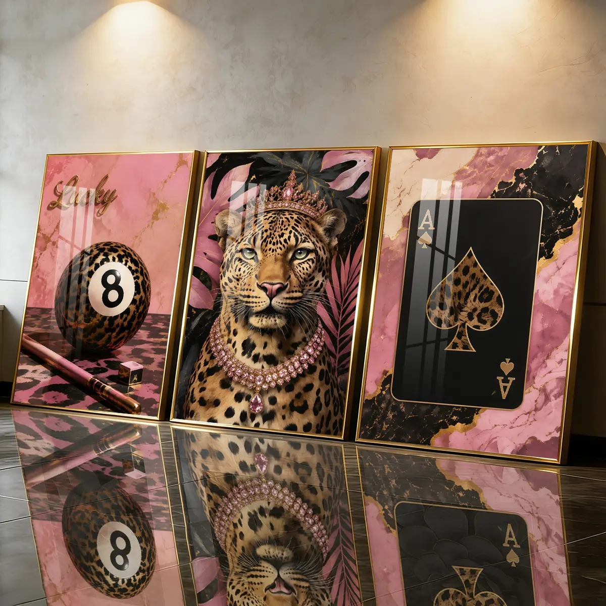 3 Counts Modern Aluminum Alloy Frame Canvas， Pink Leopard Queen And Poker Fashion Poster， Perfect Living Room Decoration， Modern Family Art， Light Luxury Bedroom， Corridor， Office Decoration， Waterproof