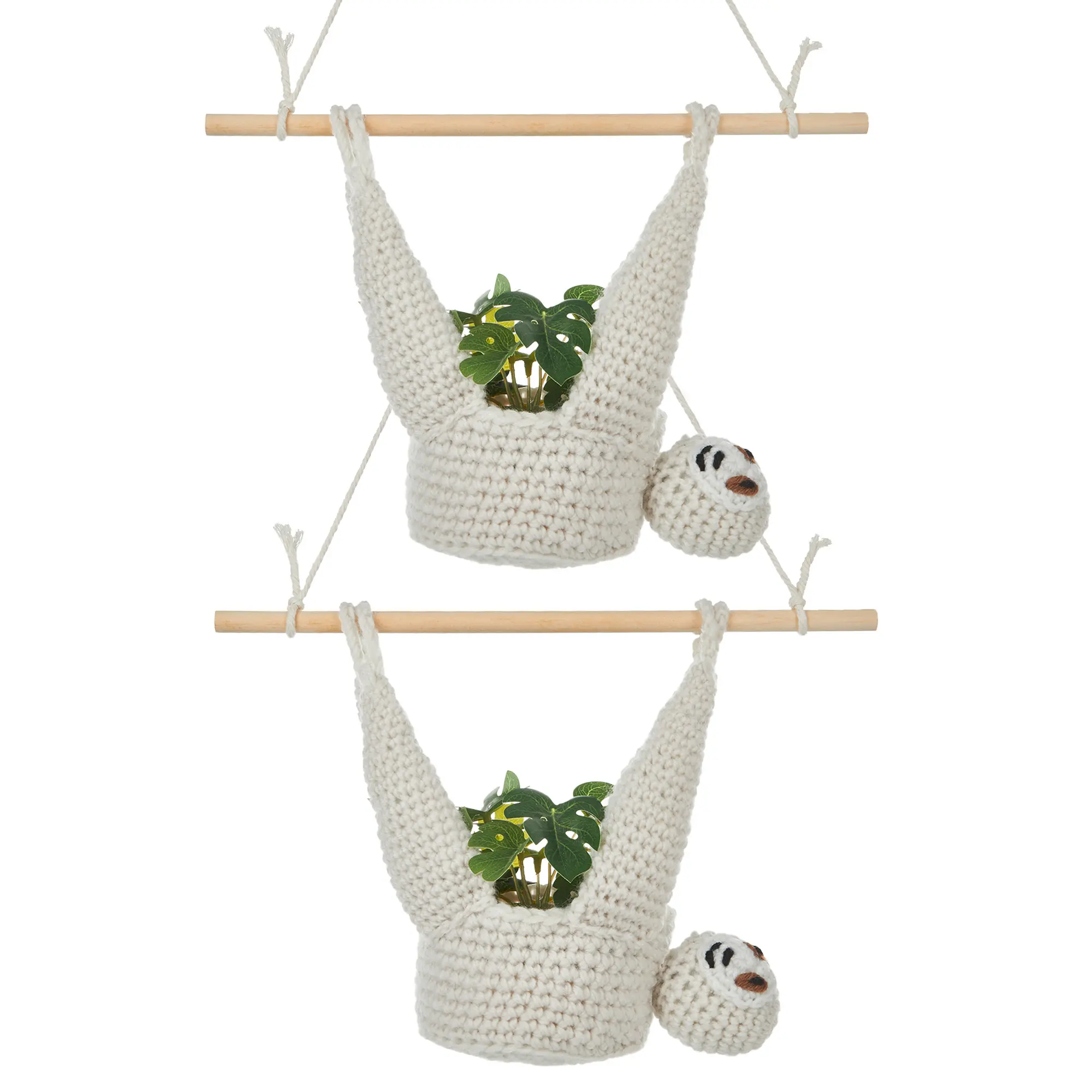 Charming Handmade Sloth Hanging Wall Planters – 2PCS Cotton Linen Knit Baskets with Wooden Stick & Industrial Cannabis Rope – Cute Animal Indoor Wall-Mounted Pot Holders for Succulents, Nursery, Home & Garden Décor
