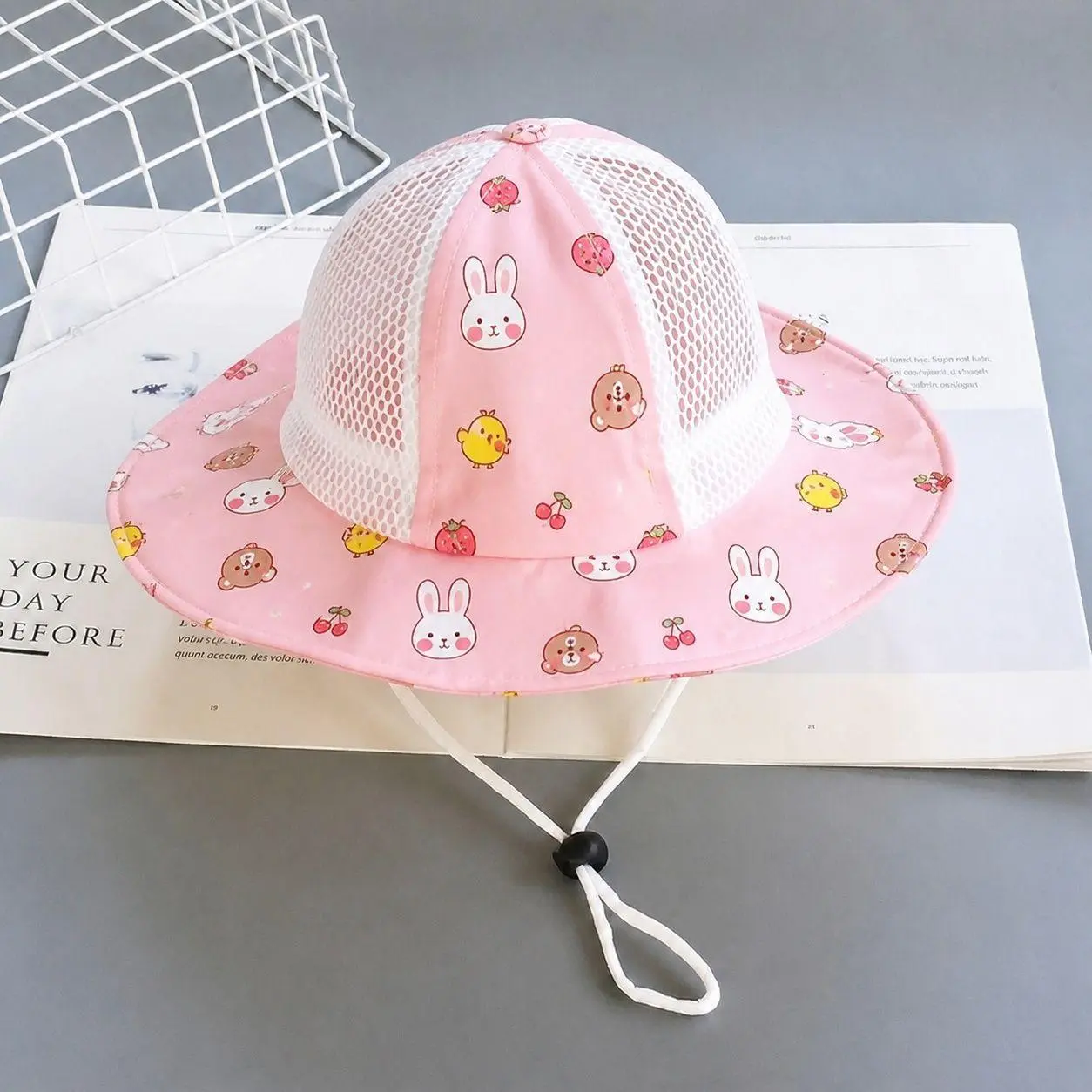 2026 New Sweet Pink Baby Sunshade Hat with Wide Eaves, Mesh Breathable Children's Fisherman's Hat, Beach Travel with Windproof Rope to Prevent Falling