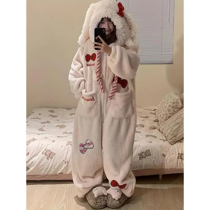 Cutebow-knotone-piecepajamas,Women'slong-sleevedhoodedzippercosplaypartypajamashomeclothes,thickenedandvelvetwarmouterwearhoodedjumpsuit,HalloweenCostumeWomenPlusSize,WomensHalloweenCostume,HalloweenCostumesWomen Loungewear Nightwear