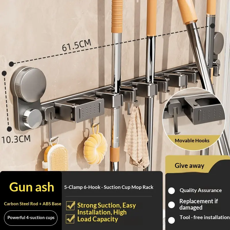 Gunmetal Wall Mounted Mop and Broom Holder, Suction Cup No Drilling Cleaning Tool Organizer with Hooks for Walls No Damage, Waterproof Rustproof Rack for Bathroom Laundry