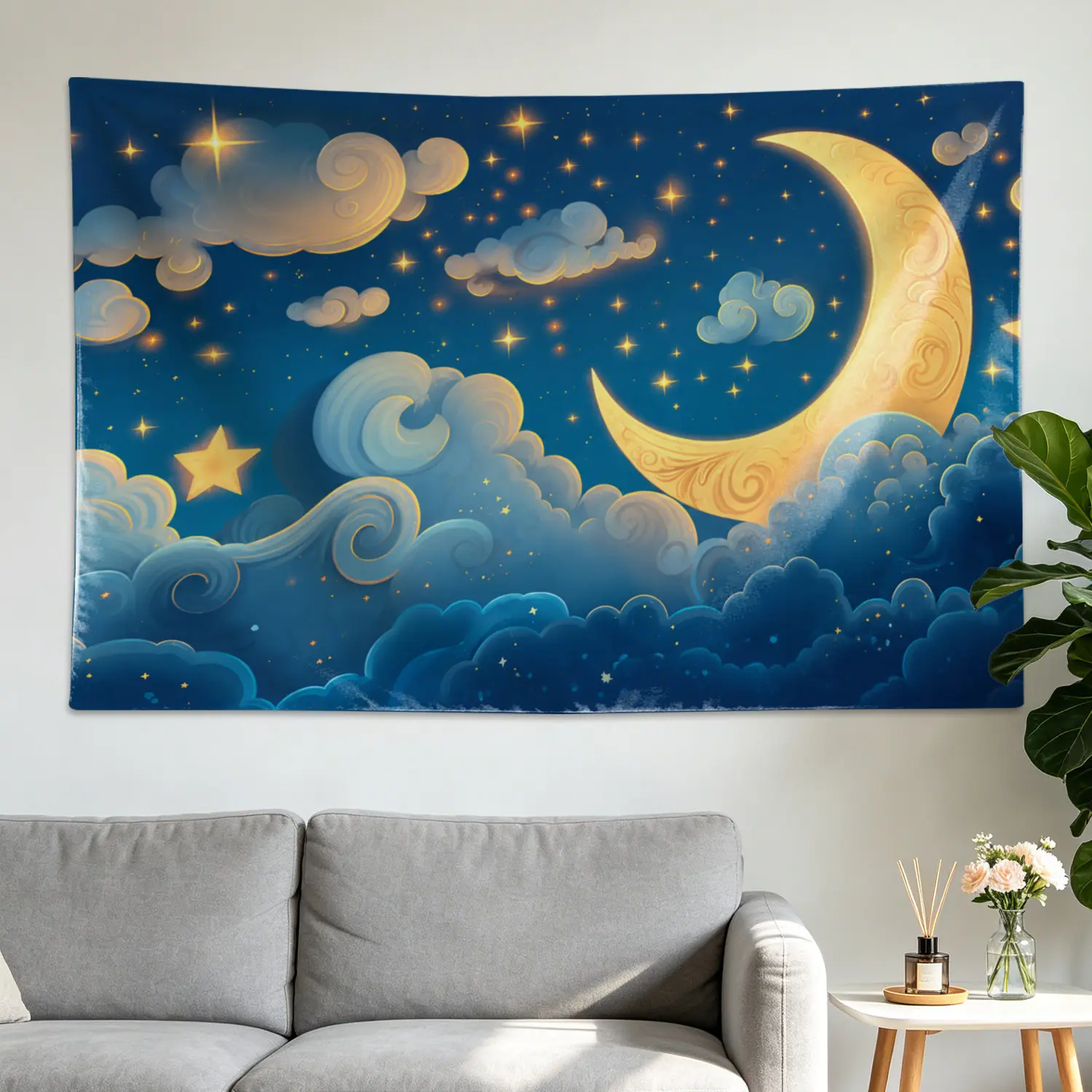 Polyester Night Sky Crescent Moon Stars Clouds Wall Tapestry - Large Horizontal Printed Artwork, No-Installation Whimsical Home Decor, Machine Safe Bedroom Decoration, Gift for Family & Friends