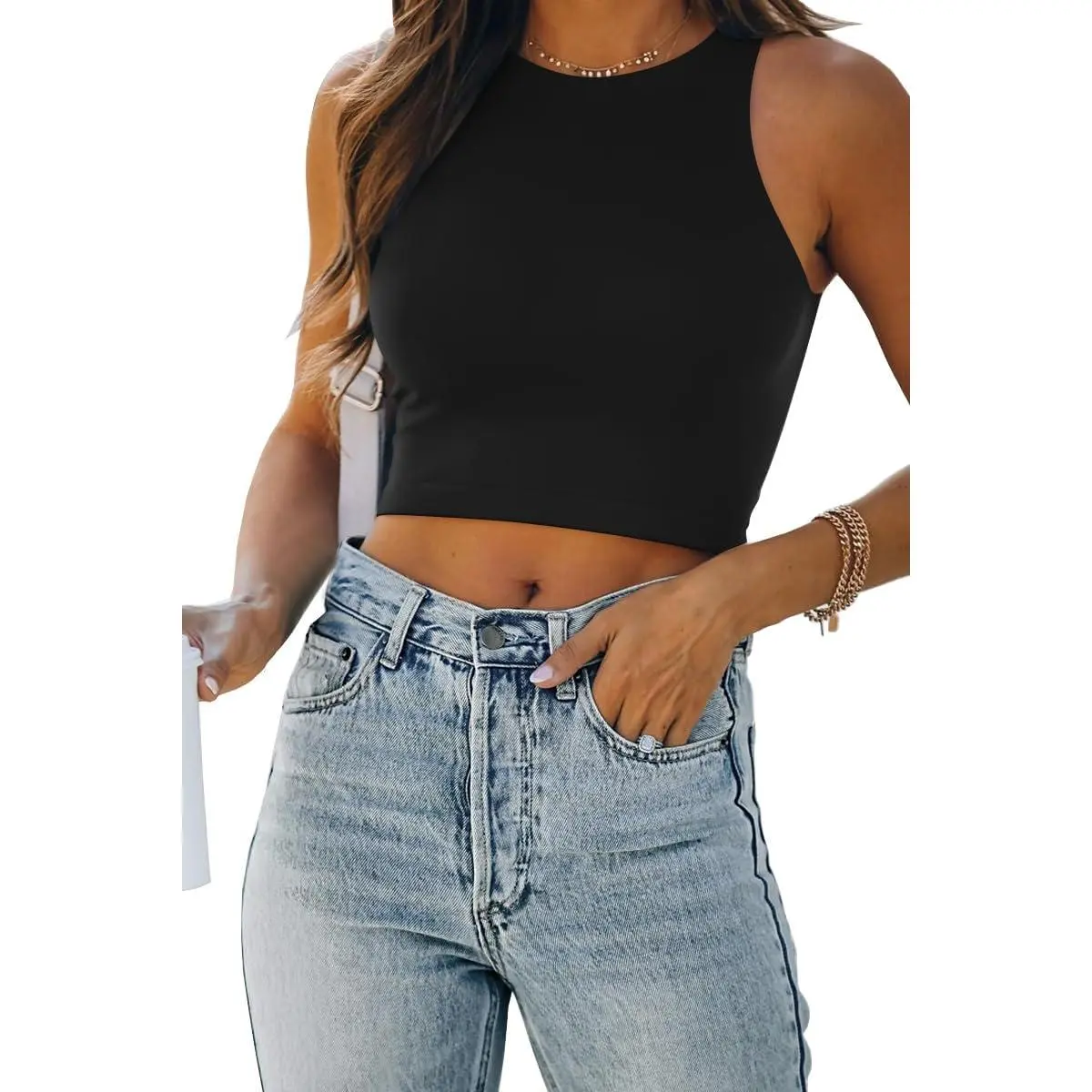 Women's Double Lined Racerback Crop Tank Top |   High Neck Slim Fit Sleeveless Workout Top, No-Bra Essential for Gym, Yoga & Going Out