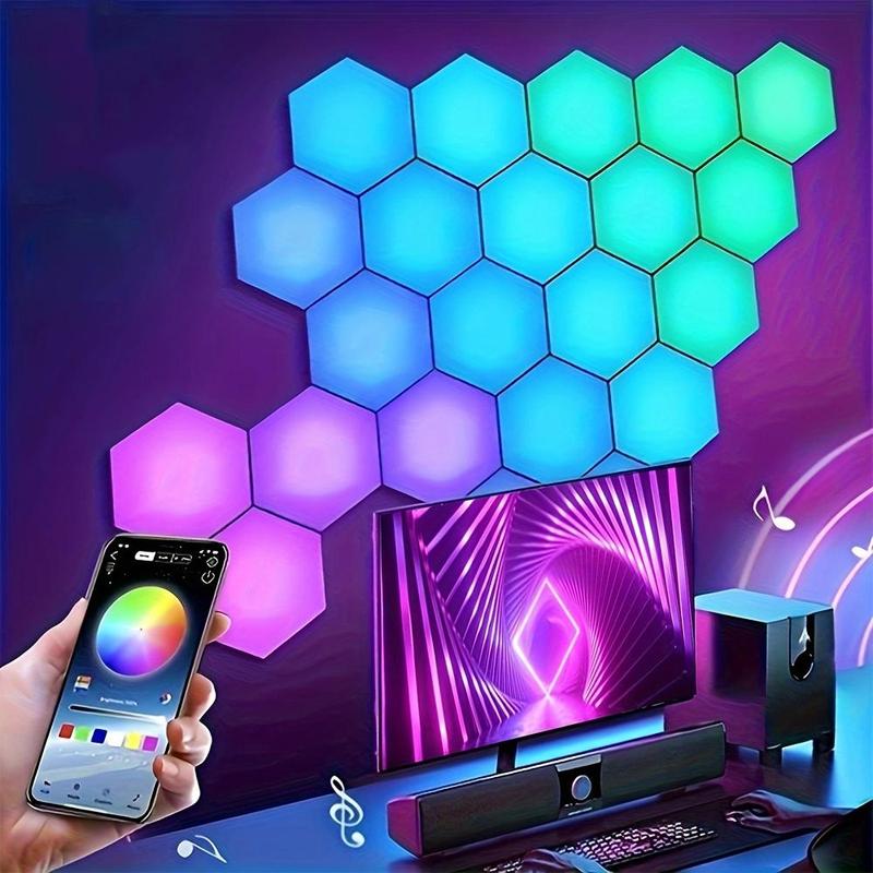 Smart LED Hexagonal RGB Color Changing Indoor Wall Light, USB Powered Voice/APP/Remote Control Dimmable Music Synchronized Night Light for Game Room, Home Theater, Party Smart LED Lighting