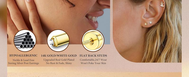 ZELORES 3 Pairs Gold Plated Flat Back Earrings for Women Silver Post Tragus Cartilage Earring Set for Multiple Piercing Trendy Flatback Stud Earrings minimalist elegant fashion Earcuff
