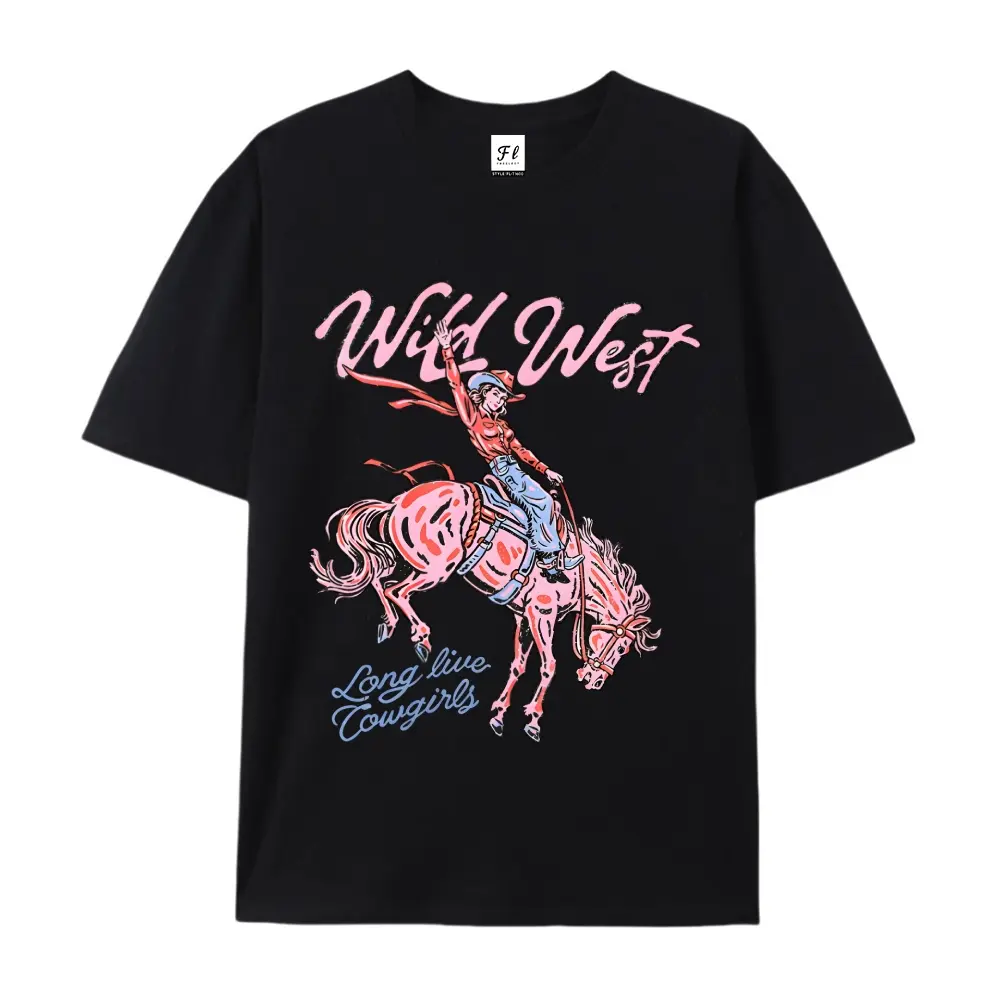 Wild West Long Live Cowgirls Vintage Pink Horse Cowgirl Graphic White T-Shirt, Retro Western Country Style Crew Neck Short Sleeve Tee, Rodeo Casual Streetwear Top, Trendy Gift For Country Music And Western Fashion Lovers