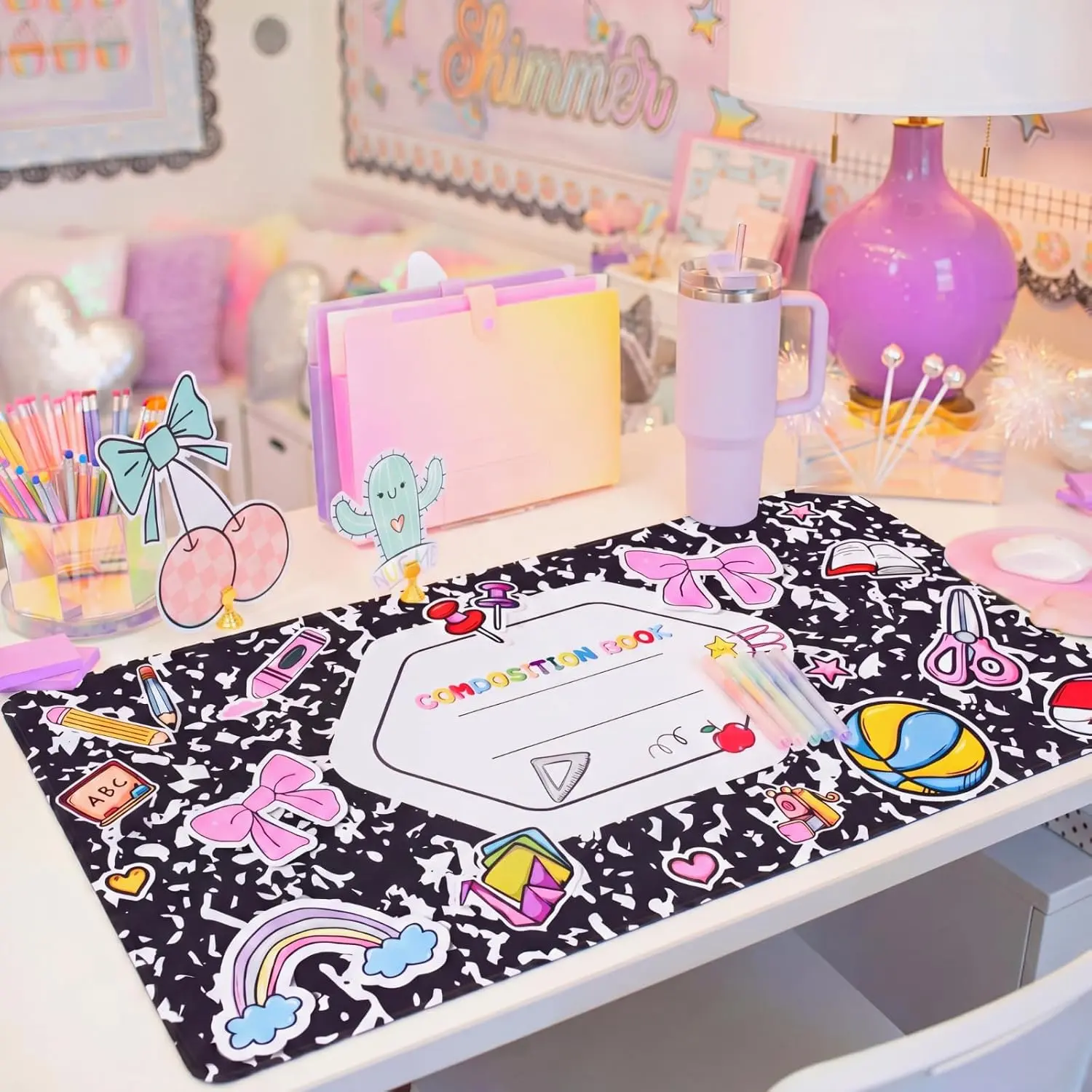 Personalized Teacher Desk Mat with Pen 31.5 x 15.7 Inch Composition Book Deskmat DIY Name Large  Pad Teacher Appreciation  Set for Graduation Birthday  Office Accessories