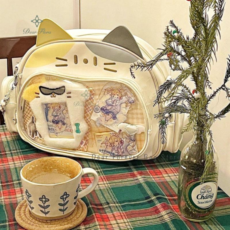 Y2K Korean Cute Cat Ita Bag Japan Kawaii PU Crossbody Bag Girls Transparent Pocket Harajuku Shoulder Bag Silver Fashion Backpack