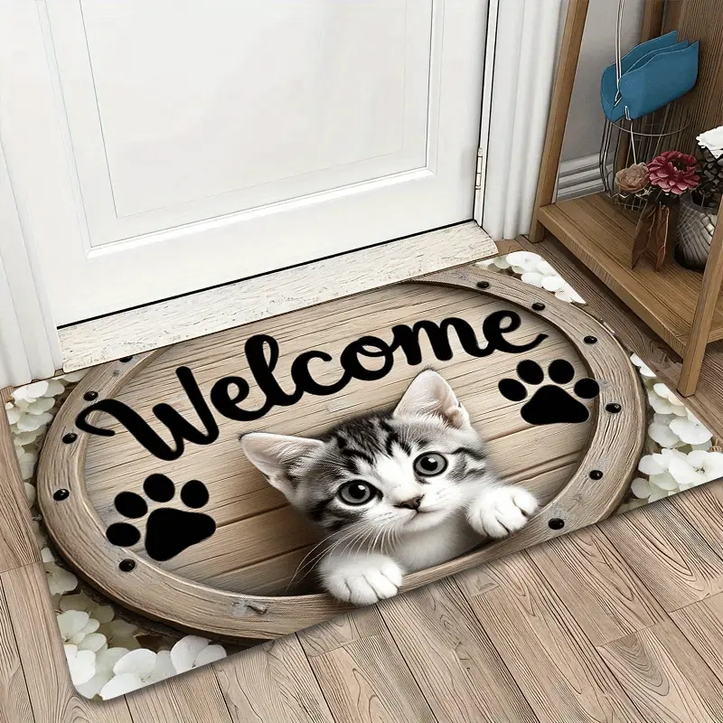 1 piece of cute cat design doormat non-slip and machine washable entrance mat, with "Welcome" and paw print patterns, suitable for indoor/outdoor use - home decor doormat