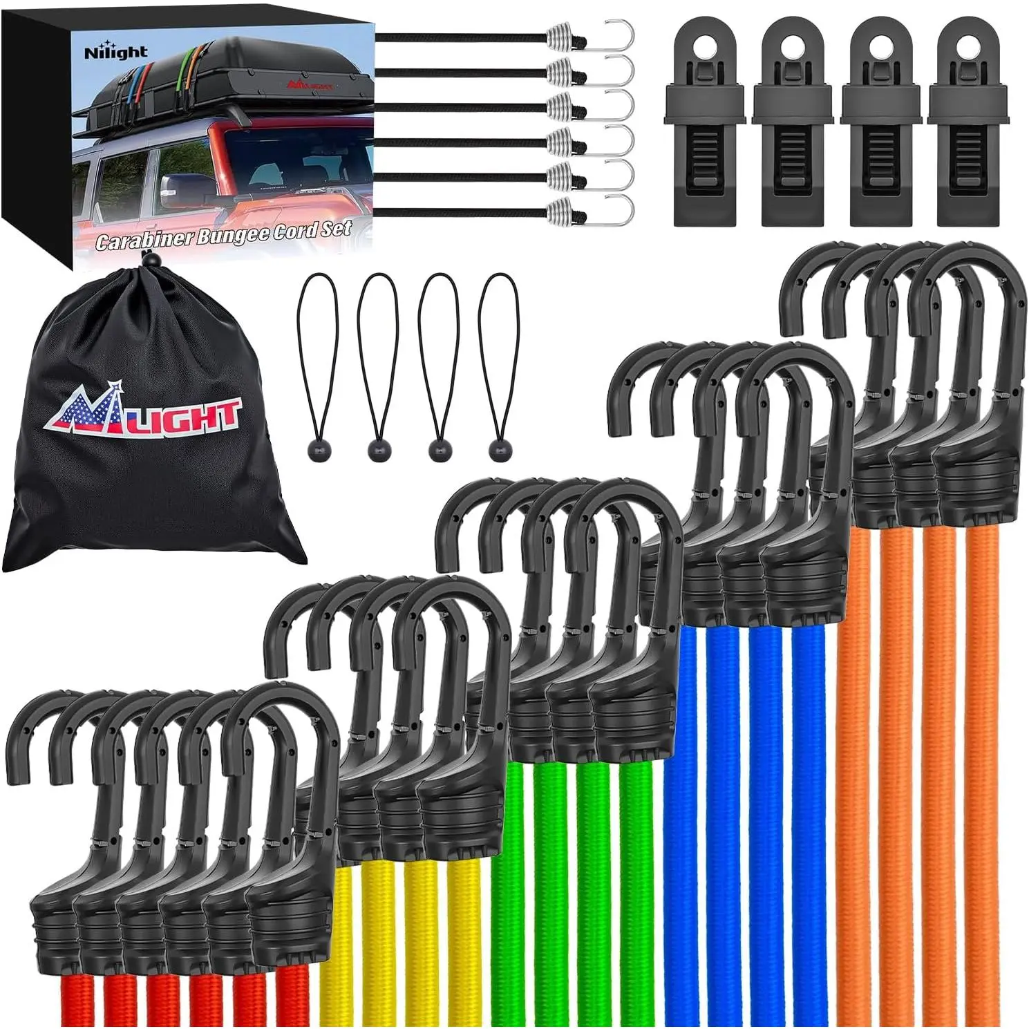 Nilight Ultimate Outdoor Bungee Cord Assortment - Heavy Duty Set of 36 (18 Inch 24 Inch 32 Inch 40 Inch 48 Inch) with Hooks for Camping Securing and DIY