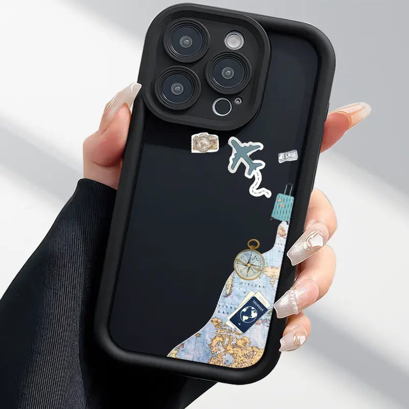 Phone Case: Travel Map Pattern All-inclusive Thickened Groove Mobile Phone Case Shockproof and Drop-proof Suitable for iPhone 17 E Air 16 15 14 Pro Max Plus 13 12 Mini 11 X XS XR Series Unisex High-quality Mobile Phone Case