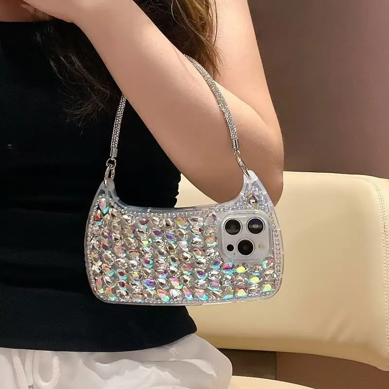 Handmade small curved phone case full of sparkling rhinestones large holes for water diamonds perfect DIY phone protective cover compatible with iPhone 11 12 13 14 15 16 17