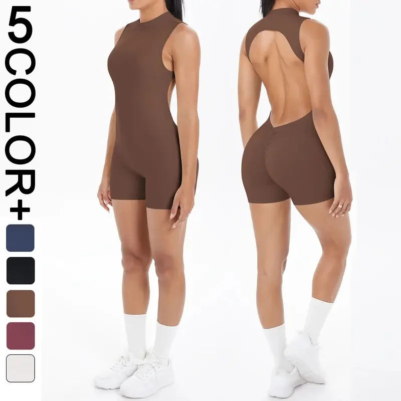 Sleeveless Backless Hollow Yoga Jumpsuit Woman Solid Color Bodysuits Lifting Push Up Sleeveles Workout Bodysuits,Padded,Tummy,Control