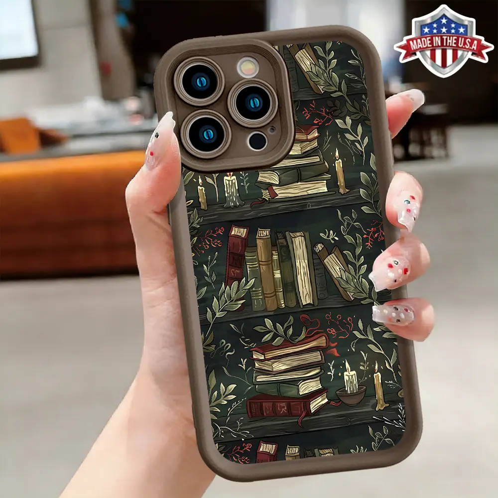 Vintage Bookshelf Library Aesthetic Pattern Case for iPhone 17 16 15 14 Pro Max 13 12 11 XR XS Plus Air Slim Shockproof Anti Drop Protective Durable TPU Cover