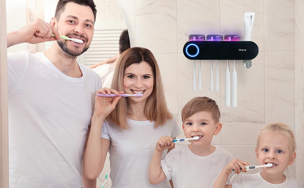 iHave Wall Mounted Electric Toothbrush Holders with 3 Cups, UV Sanitizer, Toothpaste Dispenser, Smart Home Bathroom Accessories & Decor, Black