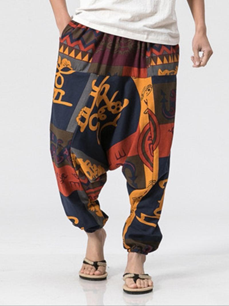 Men's Tribal Pattern Tie Waist Harem, Boho Casual Comfy Trousers for Daily Wear, Men's Bottoms for Summer, Bohemian Trousers