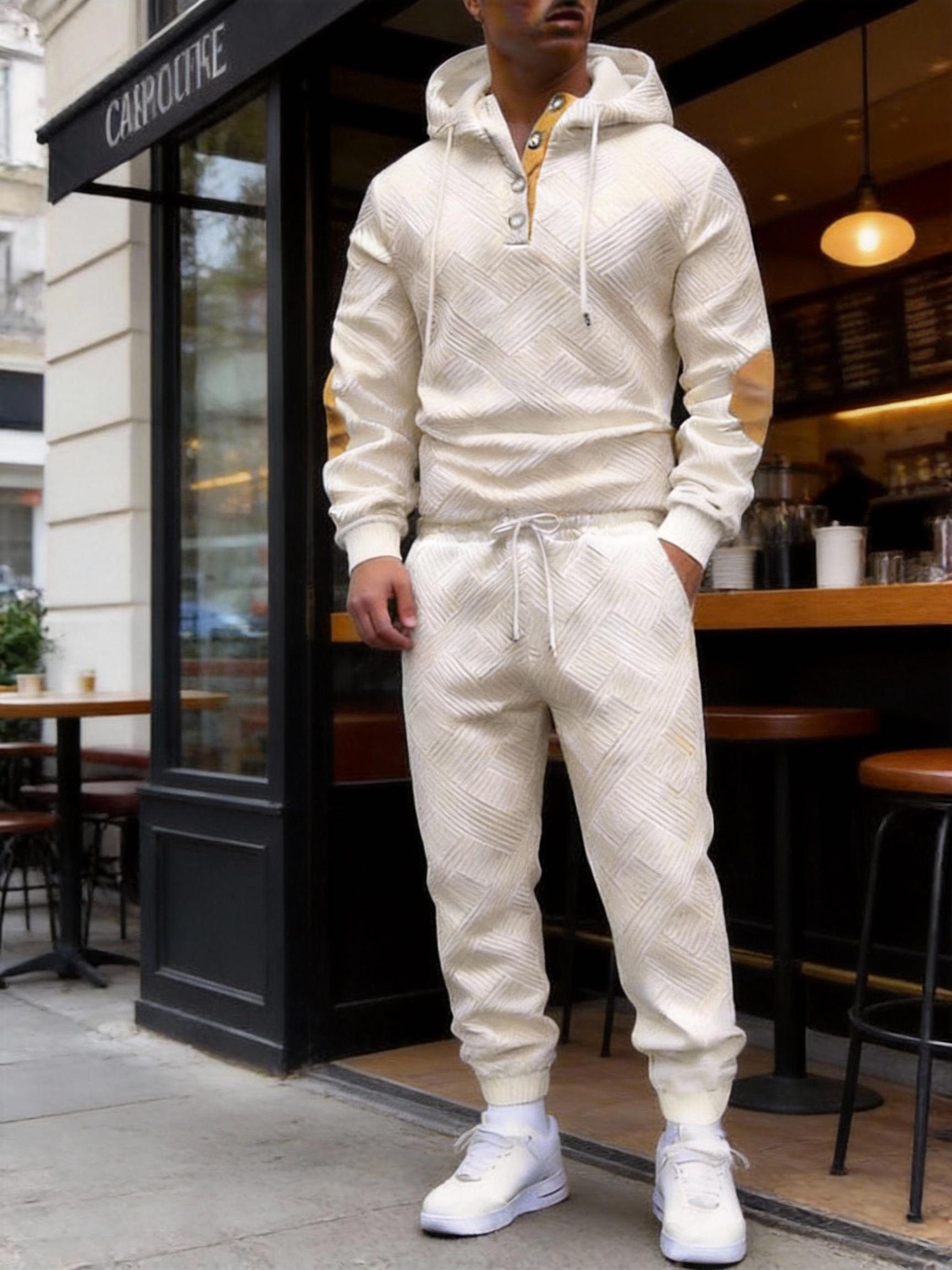 Men's 2-Piece Beige Tracksuit (Hoodie & Joggers) - Diamond Texture, Half-Button Placket (Brown Accent), Casual Stylish Outfit