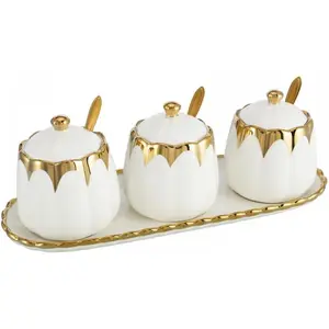 Porcelain Condiment Jar Spice Container with Lids, Spoon and Tray, Set of 3,Modern Spice Box Seasoning Jar for Your Home, Kitchen, Counter (White gold)