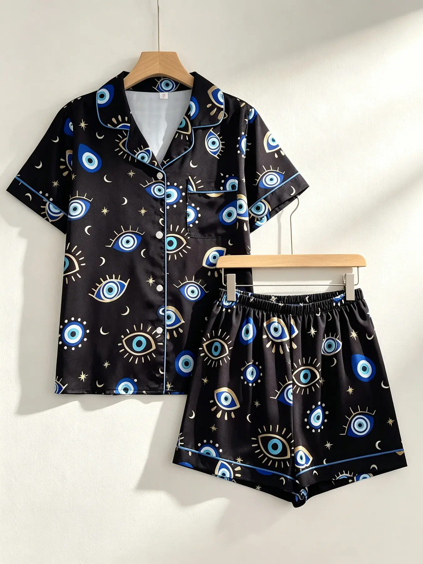Women's Button-Down Short Sleeve Top & Shorts Pajama Set, Black Evil Eye Print, Spring Summer Wear, Relaxed Fit, INS Style Mystical Casual Loungewear for Home & Errands