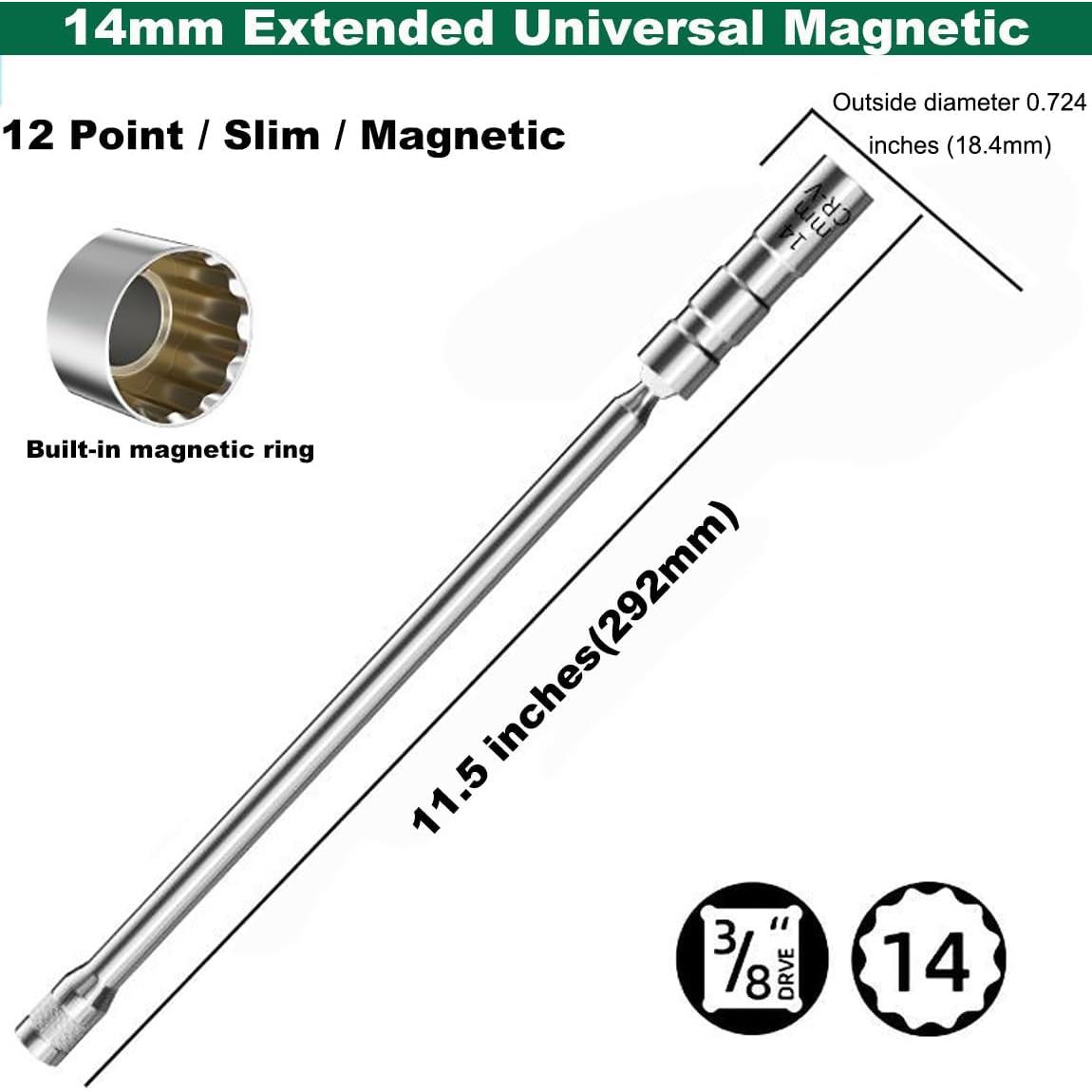 14mm(9/16")Extended Spark Plug Socket, 3/8" Drive 12-Point Swivel Thin Wall Spark Plug Socket for Quick Removal & Installation,360 Rotating 12" Total Length (Cr-V Steel) 14mm(9/16")Extended Spark Plug Socket, 3/8" Drive 12-Point Swivel Thin Wall Spark Plug Socket for Quick Removal & Installation,360 Rotating 12" Total Length (Cr-V Steel)