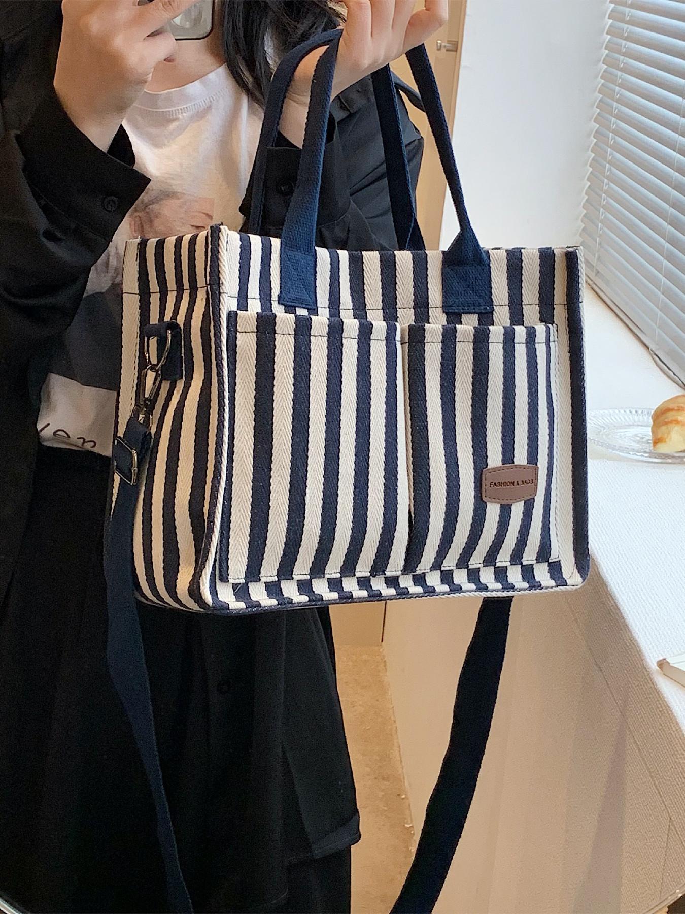 Women's Stripe Tote Bag, Large Capacity Shoulder Bag for Daily Used, Casual Trendy Versatile High-quality Daily Commuting Bag, Girl Fashionable Shopping Bag