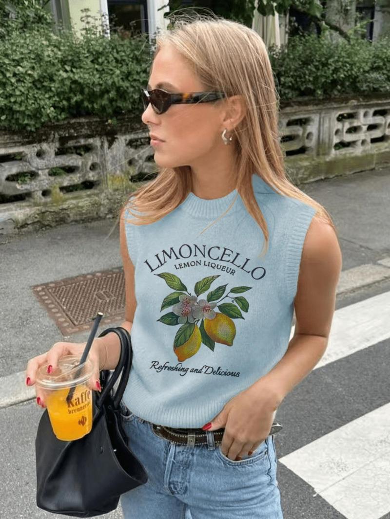 Women's Lemon Print Round Neck Sweater Vest, Casual Fitted Sleeveless Crew Neck Knit Top for Daily Wear, Ladies Clothes for All Seasons, Sleeveless Graphic Vest, Womenswear, Chic Elegant Vest