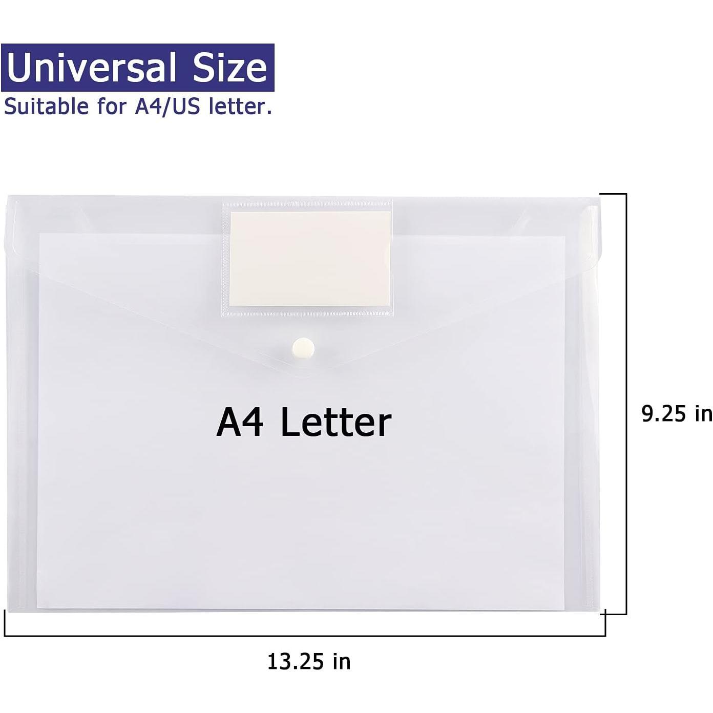 6 Pack Clear Document Folders Plastic Envelopes Poly Envelopes File Envelopes with Label Pocket and Snap Button for Home Work Office Organization, Letter Size/A4 Size, White