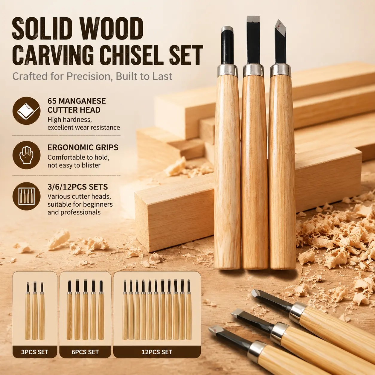 High Carbon Steel Wood Chisel Set with Non-Slip Handle for Woodworking, Rust-Resistant Professional Wood Carving Tools Kit Including Portable Tool Case for Fine Carving DIY Home Decor and Craft Projects