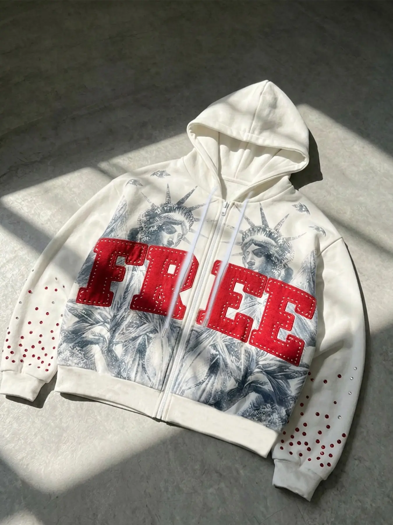 American Style Hooded Zip-Up Sweatshirt, Statue of Liberty Print, Patchwork, Rhinestone Details, Short Loose Fit, Trendy Streetwear