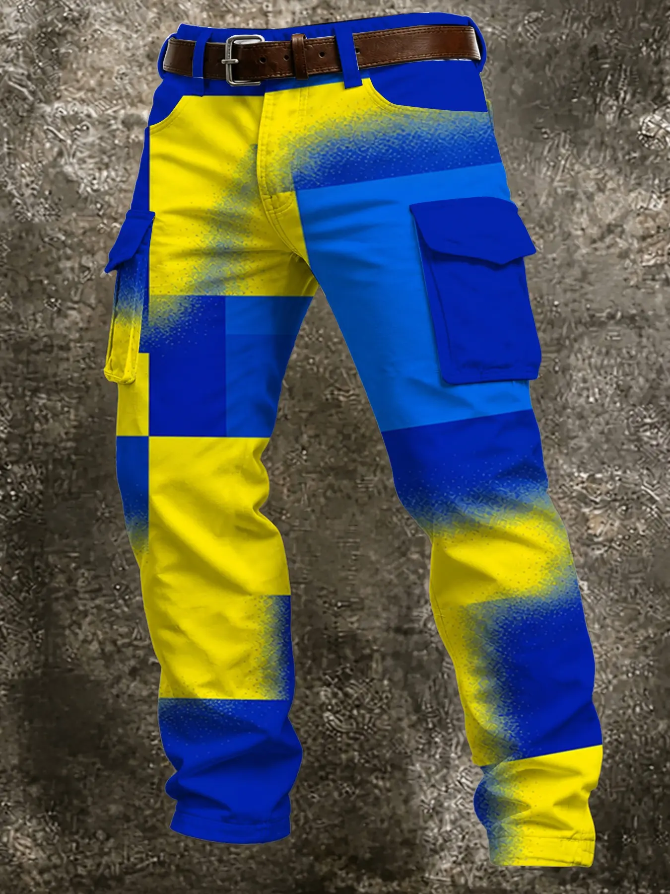 Men's Gradient Color Block Workwear Pants, Multi-Pocket Slim Fit Ankle-Length Casual Long Pants, Fall & Winter High Street Fashion